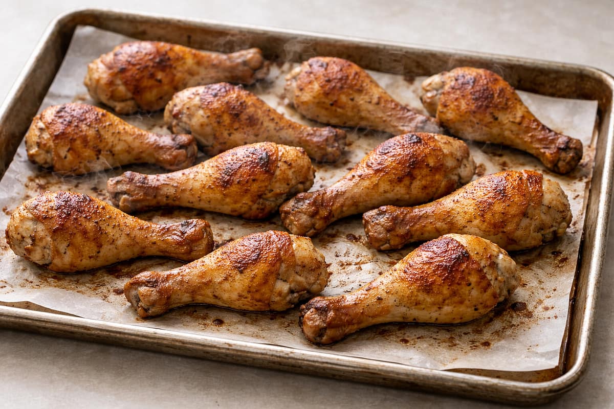 Crispy baked chicken drumsticks fresh out of the oven