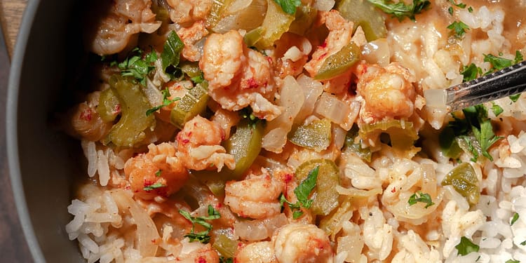 Bowl of steaming étouffée with shrimp and crawfish over white rice, garnished with green onions